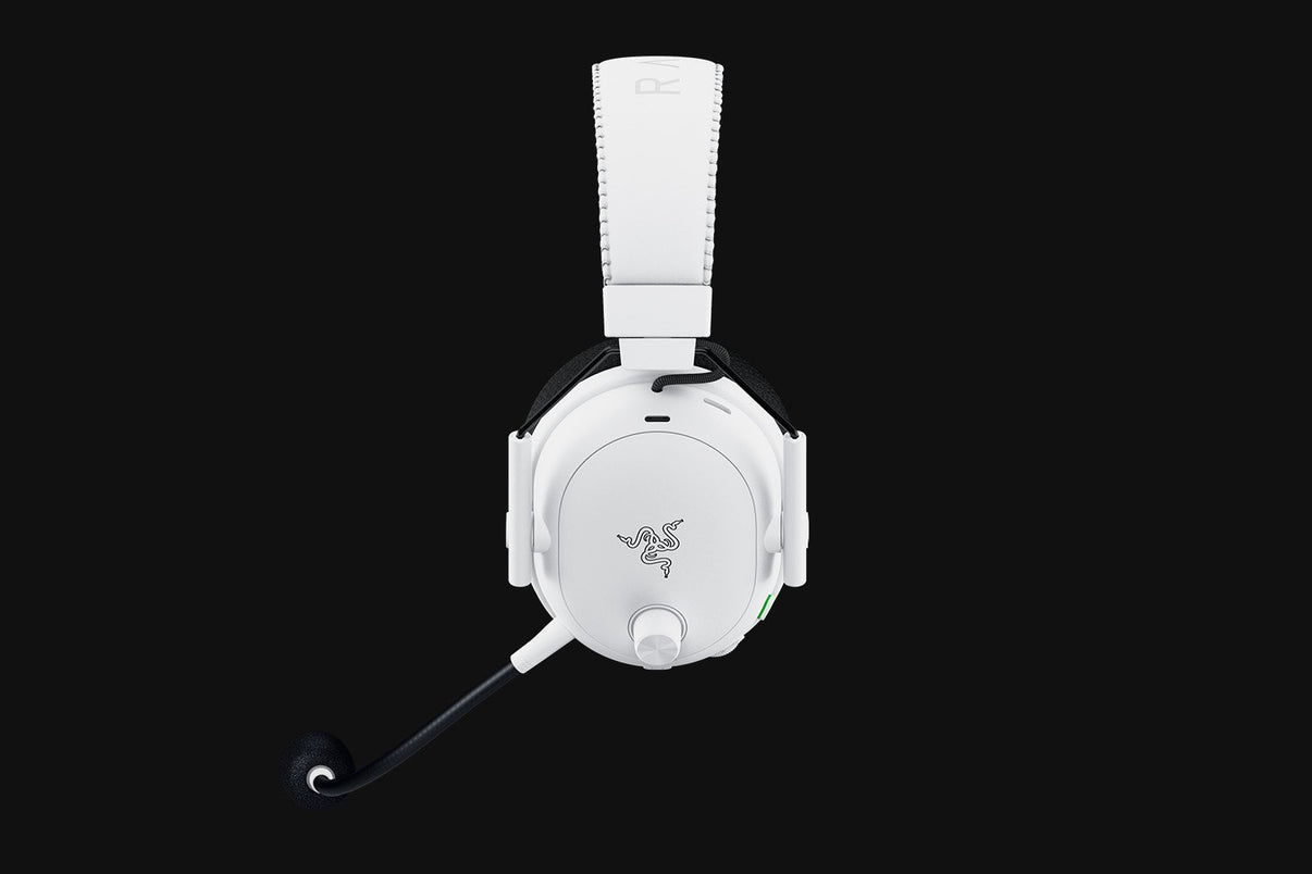 White gaming headset with Razer logo on a black background