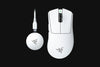 White gaming mouse and mouse pad with Razer logo on a black background