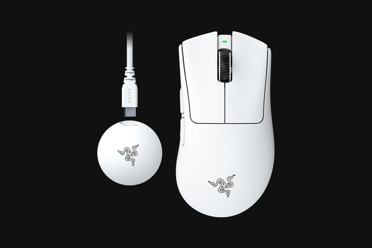 White gaming mouse and mouse pad with Razer logo on a black background